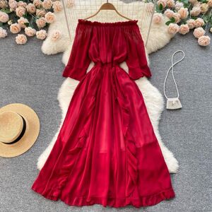 RUGOD National Style Red Dress Women's 2022 Spring and Summer New Loose One-sided Shoulder Lotus Leaf Edge Large Knee Length Dress