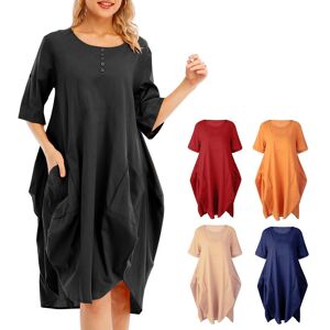 LH79NJ Women Tunic Dress Roll-up Short Sleeve Comfortable Cotton Pockets Irregular Hem Solid Baggy Midi