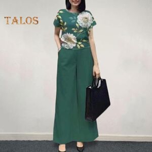 Hi Cutie 2 Pcs/Set Women T-shirt Pants Set Flower Print Short Sleeve O Neck Top Plus Size Wide Leg High Elastic Waist Loose Commute Formal Casual Top Trousers