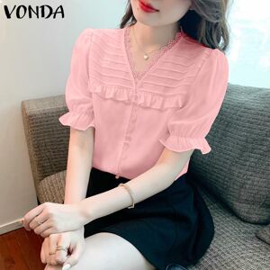 VONDA Women's Summer V Neck Puff Sleeve Bubble Sleeve Ruffle Lace Lace Solid Color Casual Blouse