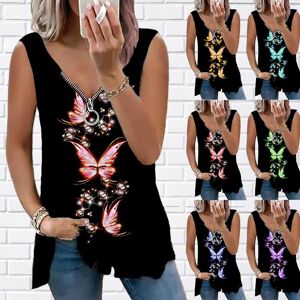 YASEY Women's Top Summer Newcolorful Butterfly Flower Printed Casual Plus Size Sleeveless Zipper V-neck Top Tank Top
