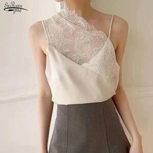 surwenyue Sexy Sleeveless Lace Blouse Summer Tops Women Solid Strapless Bottoming Vest Mesh Pearl Knitted Tank Shirts Women Clothing 19490