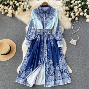 RUGOD 2022 Spring and Summer New Lapel Long-sleeved Printed Waist-length Slim Dress Women's Single-breasted Over-the-knee Long Dress