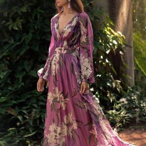 Dream Costume Women Maxi Dress Low-cut Deep V Neck Tight High Waist Flower Print Lantern Sleeve Big Hem Soft Vintage Dress