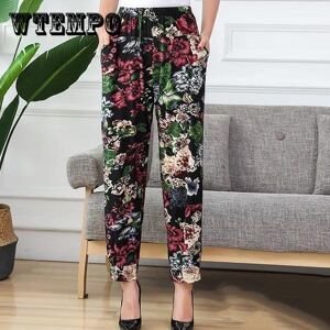 WTEMPO Women Summer High Waist Wide Leg Floral Printed Casual Pants Female Large Size Loose Elastic Waist Thin Cropped Pants