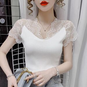 Hii Bloom Women Summer Lace Shouler Knitted T-shirt Tee Top V-Neck Short Sleeve Ice Silk Bottoming Shirt Solid Color Short White