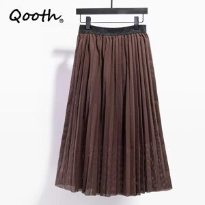 Qooth New Summer Coffee Color Pleated Skirt Women High Waist Mid-Calf Skirts With Lining Elastic Waist QT1688