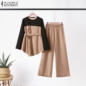 ZANZEA Patchwork Outfits Women Long Sleeve Blouse and Pants Casual Two Piece Suit Set