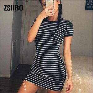 ZSIIBO Round Neck Striped Short-sleeved Dress Black And White Striped Dresses Casual Elegant