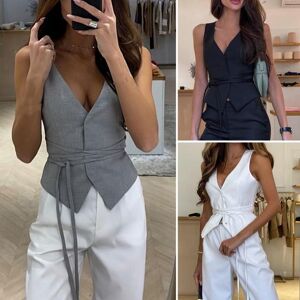 bilixi Women Spring Summer Waistcoat Deep V-neck Sleeveless Casual Vest Lace-up Slim Fit Solid Color Holiday Waistcoat Streetwear