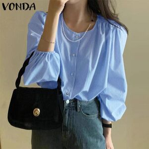 VONDA Women's Summer Round Neck Bubble Long Sleeve Solid Colour Stripe Loose Blouse