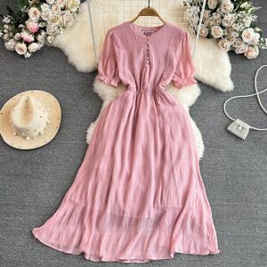 FashBoutique Summer Vintage Long Dress For Women Puff Short Sleeve Elegant Slim Black Maxi Dresses Pink Khaki Green White