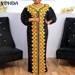 VONDA Women's Plus Size V Neck Bubble Long Sleeve Sleeve Printed Loose Dresses