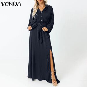 VONDA Women Long Sleeve Button Down Belted Side Slit Shirt Dress