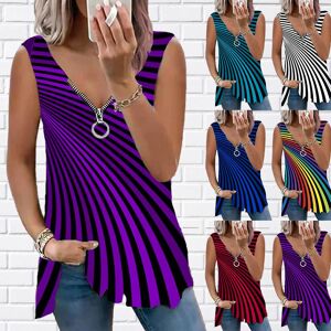 YASEY Women's Top Summer New Fashion Purple Fan Printed Casual Plus Size Sleeveless Zipper V-neck Top Tank Top for Women