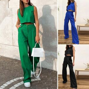 Exquisite woman 2Pcs/Set O-neck Sleeveless High Waist Casual Outfit Solid Color Short Vest Flare Long Pants Female Clothing