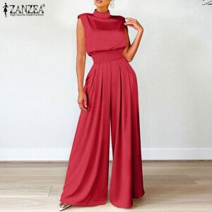 ZANZEA Summer Women Sleeveless Wide Leg Long Jumpsuits Solid Color Satin Casual Loose Maxi Bodysuits Plus Size