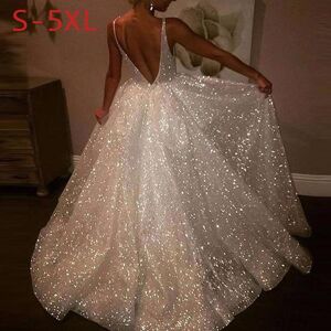 YYY1110 Women Sexy Elegant V-neck Sleeveless Sling Backless A-line Sequin Sparkle Princess Puff Dress