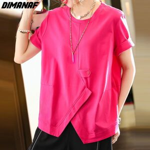 DIMANAF 2022 New Women T-Shirt Buttons Female Solid O-Neck Irregular Cotton Loose Short Sleeve Tops&Tees