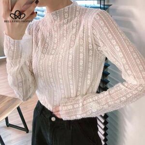 Bella Philosophy Fashion Women Lace Mesh Blouses Elegant See Through Sexy Spring Autumn Bottoming Long Sleeve Ladies Tops