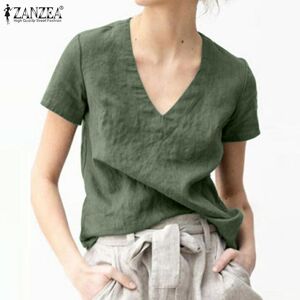 ZANZEA Summer Blouse Women Casual V-neck Short Sleeve Cotton T-shirt
