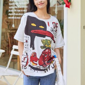 DIMANAF 2024 New Plus Size Summer Women Hoodies & Sweatshirts Short Sleeve Loose White Cartoon Print O-Neck Autumn Basic Tops T-Shirt New Pullover