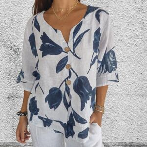 OverSize Costume Printed Large Size V Three Neck Single-breasted Shirt Contrast Color Leaf Quarter Sleeve Loose Retro Thin Soft