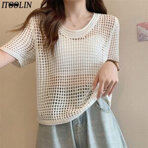 ITOOLIN Casual For Women Beach Slim Tops O-Neck Summer Sexy Hollow Out Knitting Shirt Women Chic Short Sleeved Knitt T-shirt