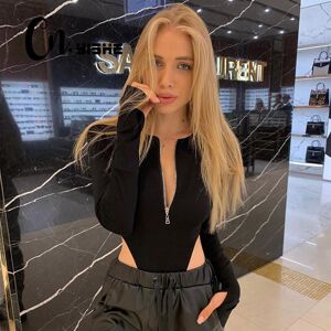 Good Trader Zipper Long Sleeve Sexy Sheath Skinny Woman Rompers Bodysuits Party Club Deep V Neck Slim Black Shirt Spring Summer Rompers Women Jumpsuits