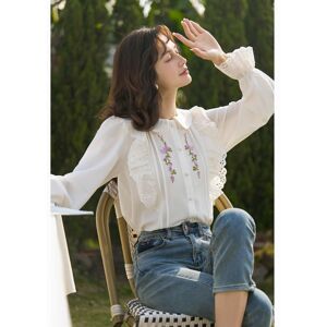 Mishow Embroidery Shirt For Women Spring Summer Floral Korean Peter Pan Collar French Romantic Puff Sleeve Shirring Female Clothes MXC13X0003