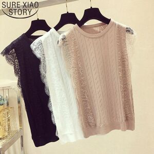 surwenyue Summer Casual Sleeveless Women Blouse O-Neck Lace Knitted Shirt Women Patchwork Tops Solid Hollow Tank Tops