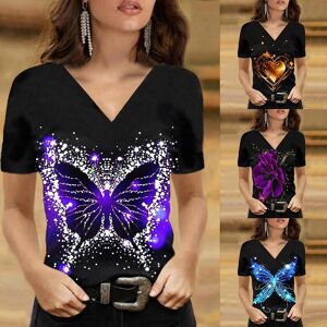 womens tops V Neck Black Short Sleeve Tops Lady Slim Casual Pullover T-shirt Fashion Sexy Butterfly Print Tshirt Women Flower