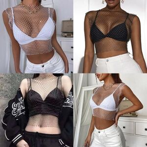 Vuittamins 2024 Summer Sexy Diamond Fishing Net Top Electric Syllable Hot Top Sparkling Diamond Women's Short sleeved Tank Top