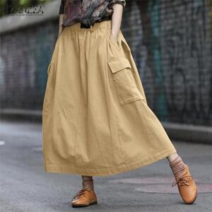 ZANZEA Women's Pockets Elastic Loose Solid Color Work Skirt Half Skirt