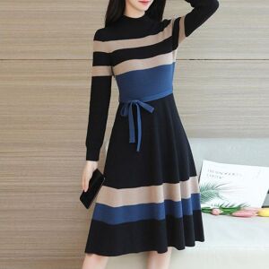 HI-FASHION Korean Fashion Elegant Knitting Sweater Casual Dress Long Sleeve Lace-Up High End Stretch Knit Vintage Stripe Dresses
