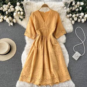 RUGOD V-neck Dress Middle Sleeve 2022 Spring and Summer New Loose Hollow Out Embroidery Light Mature Waist Closing Thin Ruffle Dress
