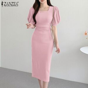 ZANZEA Womens Casual Square Collar Half Sleeve Summer Slim Dress