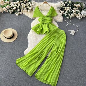 RUGOD High End Elegant Fashion Set Women's Summer Pleated Sleeveless Chiffon Top+High Waist Wide Leg Pants 2 Two Piece Set Fashion Suits