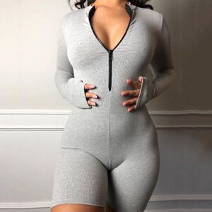 ZSIIBO Grey Sexy Bodysuit Fitted Women Jumpsuit Knitted Rib Long Sleeve Club Zipper Romper Woman Clothes Female Bodies Femme Shorts