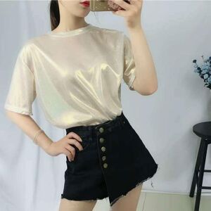 Your-Life Ladies T-shirt Reflective Summer Short Sleeve Personality Tops Women Loose Shiny T shirt