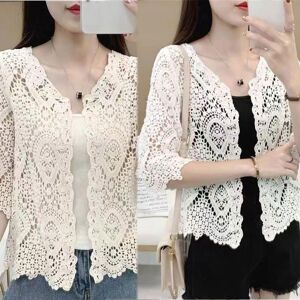 A Dream Like A Dream Women Knitted Lace Shrug Boho Hollow Crochet Floral 3/4 Sleeves Open Front Cropped Cardigan Elegant Mesh Sweater Coveup