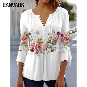 CANVAUS Spring/summer Women's T-shirt Fashion Floral Print V-neck Short Sleeve Pressed Pleated Button T-shirt Tops