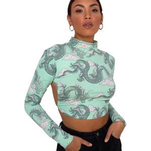 ZZS Women Dragon Printed T-Shirts Crop Top Long Sleeve Bandage Tops High Neck Lace Up T-Shirt