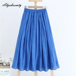 Alyaboomty Mori Girl Spring Summer Women Blue Midi Skirt Elastic-Waisted Cotton Linen Solid Skrit Comfortable Simple Ladies A Line Skirt