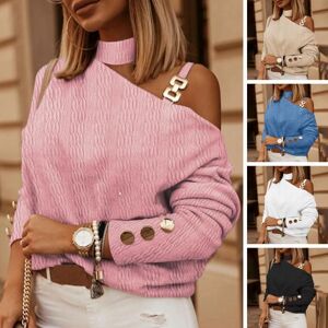 changxinkan Women Shirt Halter Neck Hollow Out One Shoulder Long Sleeve Button Decor Solid Color Loose Soft Women Fall Spring Top