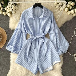 RUGOD Loose Style Casual Women Spring Shirt Playsuits Autumn New Chic Turn Down Collar Long Sleeve Striped Print Sash Lace-up Wide Leg Short Rompers