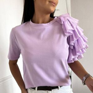 Basaka Women Blouse Solid Color Layered Ruffles Summer Crew Neck Pleats T-shirt Streetwear