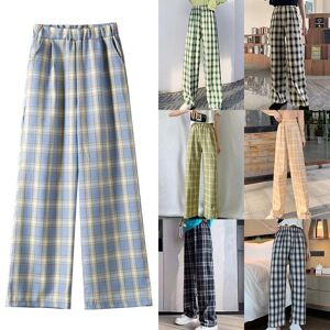 SpeakHero Women's Lightweight Elastic Summer High Waist Wide Leg Casual Pants Retro Plaid Loose