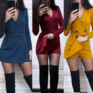 Puntos Womenswear Chic Women Solid Color Long Sleeve V Neck Double-breasted Dress Short Jumpsuit