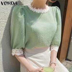 VONDA Women's Summer Round Neck Mid Sleeve Lace Color Blocking Muscle Fabric Solid Color Casual Blouse